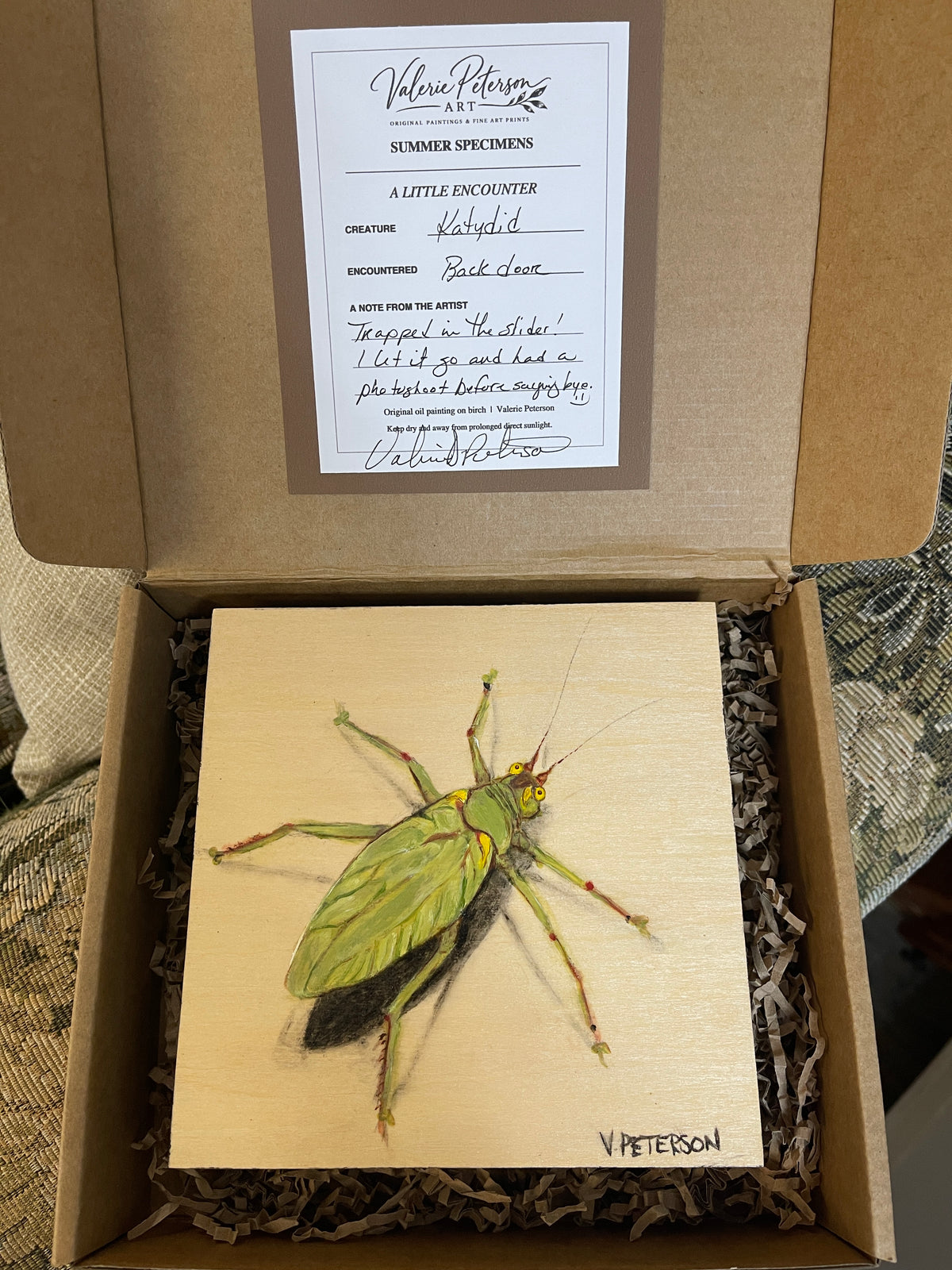 Katydid Original Oil Painting on Birch