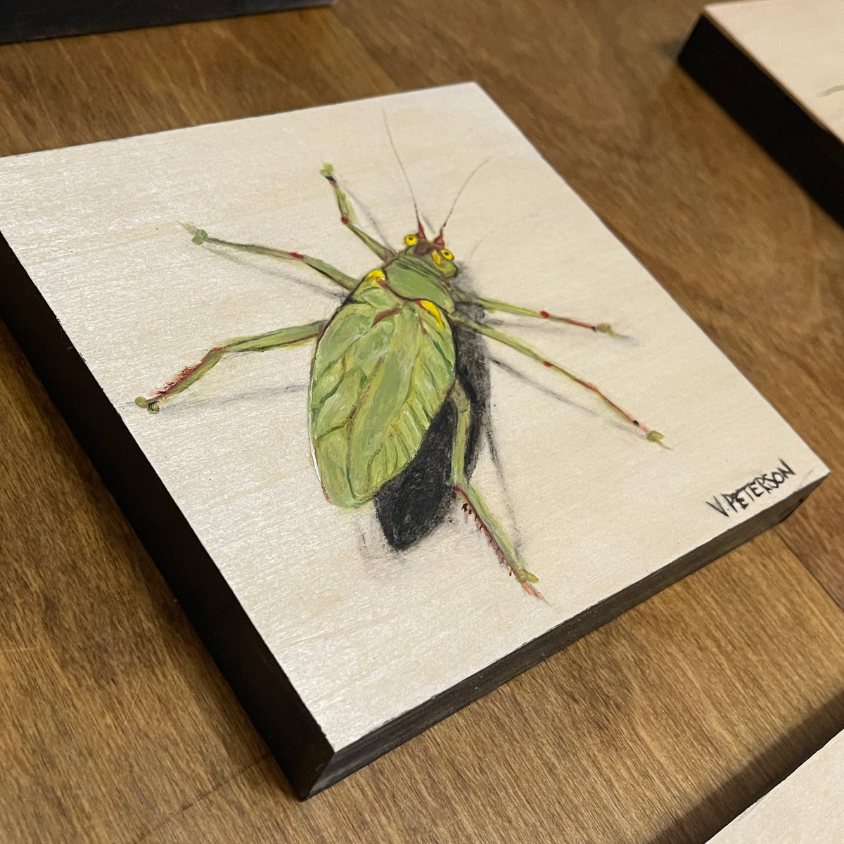 Katydid Original Oil Painting on Birch